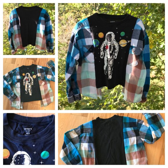 Upcycled Oversized Astronaut Graphic T-Shirt Child’s Size 4-8: Reworked Flannel - Picture 10 of 10